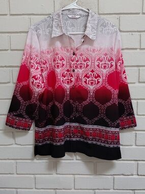 Alia Ombre Red Pink Black Patterned Button-Up Top. Size L/XL